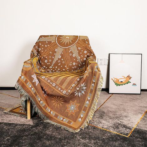 Green Mobility-Couverture bohème tissée pour canapé-lit - 130 x 160 cm - Motif vintage - Mélange de coton doux - Couverture de camping - Franges - Lavable en machine - Tapis de pique-nique (1/5)