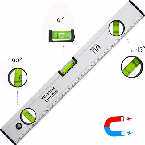 Niveau à Bulle de 40 cm, Niveau Bulle Magnétique avec 3 Fioles Haute Visibilité Corps en Aluminium, Embouts Robustes pour horizontal vertical et 45 °, Précision +/- 0,5mm - Règle Intégrée (1/4)