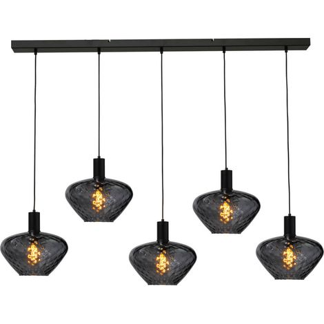 Lampe suspendue 5 lumières - noire - Porto avec des verres à fumée Blossom - 2711-05-05-130-5-8