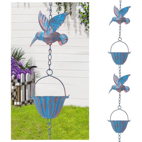 Chaîne de Pluie 2,4 m, ChaîNes de Pluie Bleu Colibri Fer RéTro, Collecteur d'eau de Pluie ExtéRieur, pour Gouttières, Décoration de Jardin et de Maison (1/4)