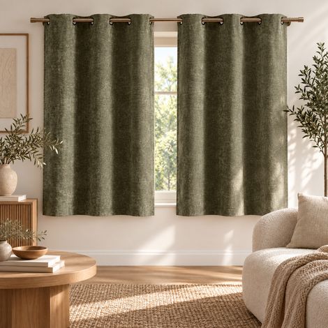 Lot de 2 rideaux à œillets 140 x 180 cm Velours chenille COSI Kaki – Petite hauteur (1/5)