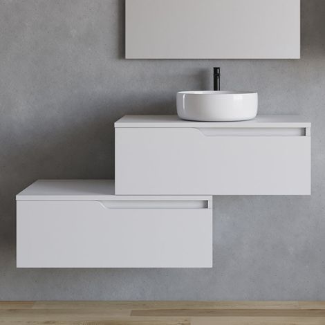 Meuble de salle de bain 120cm avec vasque à poser ronde - sans miroir - 2 tiroirs - blanc - CADIX (1/5)