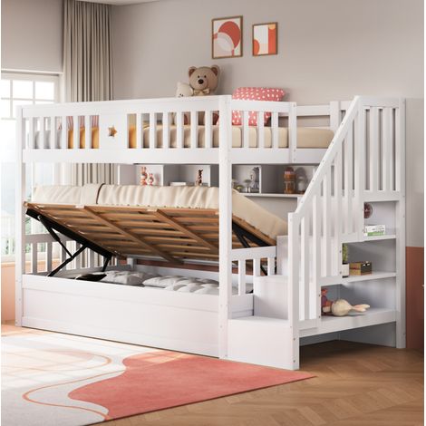 Letto a castello 253x95x151 cm, letto inferiore idraulico, ripiani e scala contenitore, legno bianco (1/5)