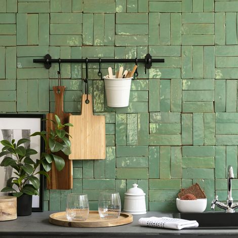 Zellige véritable Carrelage Artisanal - 5x15 cm - Vert d'eau (vendu par boîte de 0,5m²)