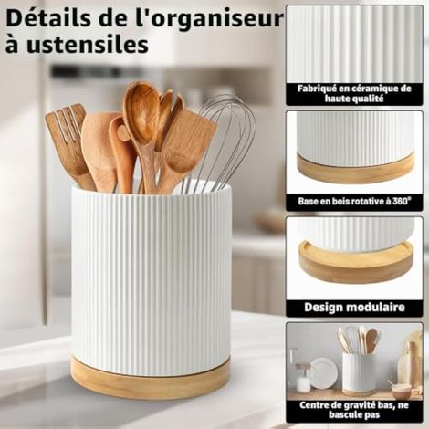 Porte-ustensiles de cuisine en céramique - Porte-ustensiles en bois - Pivotant à 360° - Rangement facile à nettoyer pour ustensiles de cuisine - Porte-ustensiles pour spatules et cuillères (1/3)