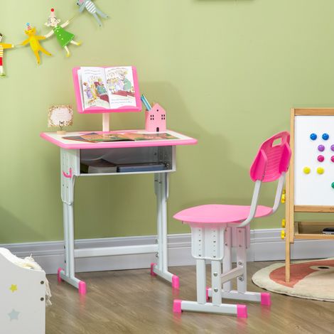 Conjunto de escritorio y silla ajustables para niños, soporte para libros, ranura para bolígrafos - Rosa