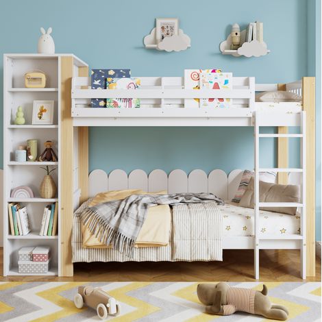 Letto a castello per bambini con armadio e 6 ripiani, 90x200 cm, legno massello e MDF, bianco e naturale, scala 4 gradini (1/5)