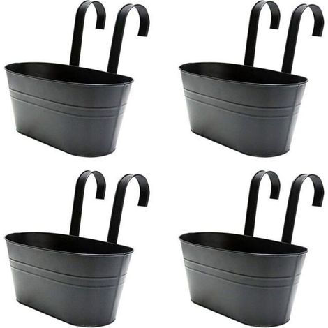 4 Hanging Metal Flower Pots with Drainage Holes, Ideal for Balcony, Black with Removable Hook (1/5)
