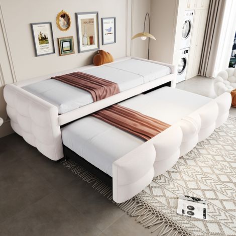 Cama nido 90/180x190 cm beige en Lammfell-Optik con somier de láminas (1/5)
