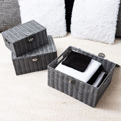 Lot de 3 Paniers de Rangement en Résine Tressée Boîte de Rangement Gris pour Salle de Bain Salon Chambre (1/5)
