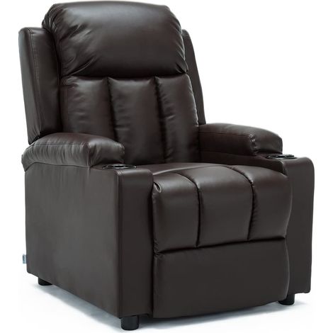 STUDIO LEATHER RECLINER w DRINK HOLDERS ARMCHAIR SOFA CHAIR CINEMA GAMING BROWN