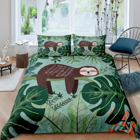 Parure de lit 2 pièces avec fermeture éclair - En microfibre douce et agréable - Avec housse de couette et taie d'oreiller de 80 x 80 cm - Motif 3D paresseux et feuilles de palmier (1/5)
