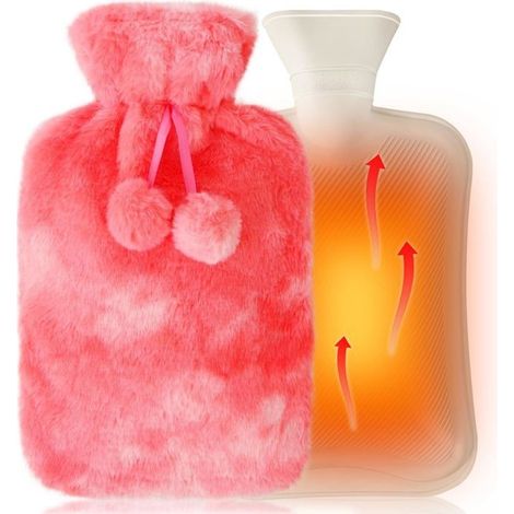 Bouillotte de 2L avec Housse en Caoutchouc Moelleuse, Bouteille d'eau Chaude avec Housse Peluche Ultra douce ,Rose (1/5)