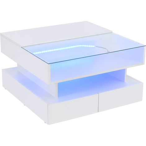 Quadratischer Couchtisch 80 x 80 x 45 cm mit Liftfunktion, 2 Schubladen und LED, Weiß (1/5)