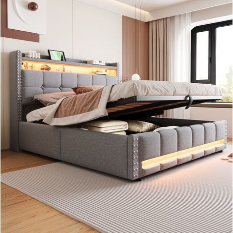 Cama tapizada 160x200 cm gris claro, tela de lino y almacenaje con USB y LED (1/5)