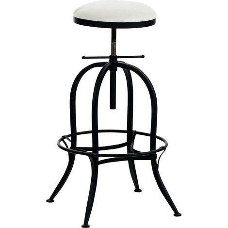 Sgabello da bar dal design industriale, altezza regolabile in metallo nero e seduta in PVC bianco 100005360