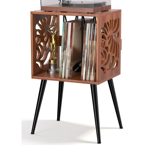 Étagère vintage pour tourne-disque avec motif - Table de tourne-disque avec pieds - Avec rangement en vinyle pour jusqu'à 80 albums - Aspect bois avec structure en métal (1/5)