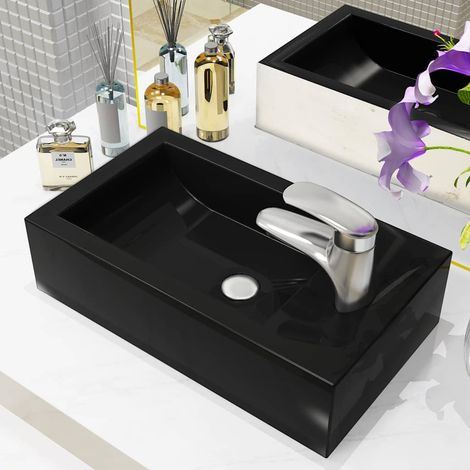 Vasque avec trou de robinet - Vasque à poser Lavabo à poser Céramique Noir 46 x 25,5 x 12 cm BV233140 - BonneVie (1/5)
