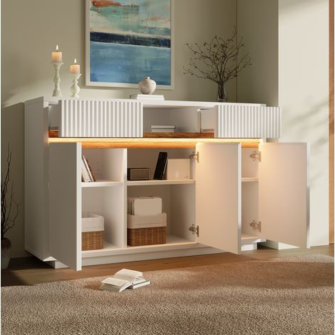 MEUBLIV buffet blanc 140x40x85 cm – LED, 2 tiroirs, 3 portes (1/5)