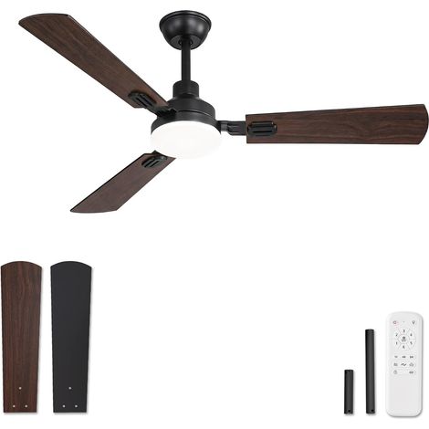 Ventilateur de Plafond Avec Lumière LED 132 cm, Télécommande, 2 Tiges, 3000K-6000K, Moteur DC Réversible, Silencieux, 6 Vitesses, Minuterie, 3 Pales Bicolores Noir + Noyer (1/5)