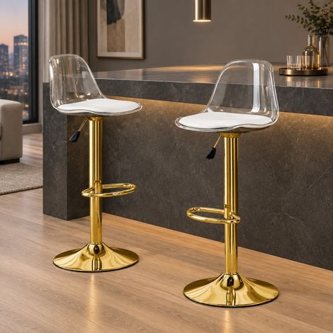 Lot de 2 tabourets de bar réglables 82-104 cm, dossier transparent, structure métal doré, assise pivotante 360° avec repose-pieds et base ronde FLORAGRACE (1/5)
