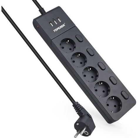Multiprise Electrique 5 Prises 3 Ports USB avec Interrupteur Parafoudre Surtension 2500W 10A 2M (1/4)