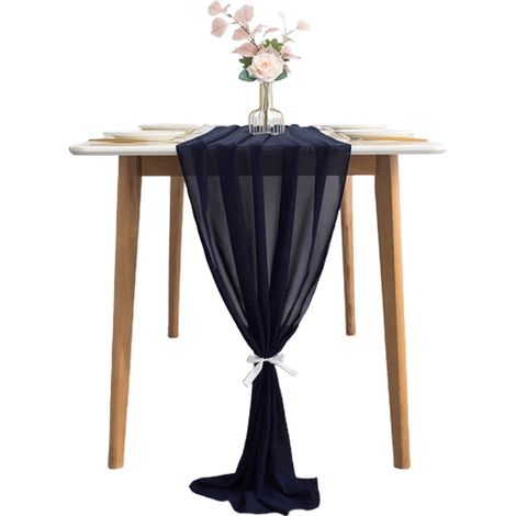 Nappe de table moderne en chiffon bleu foncé (70x300cm) avec attaches blanches pour décor de banquet (1/5)