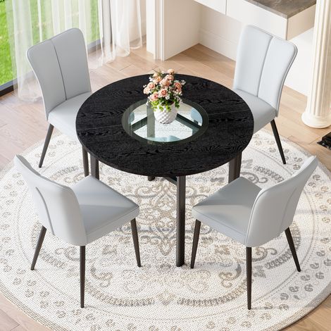 Lot table ronde design moderne 100cm aspect bois noir + 4 fauteuils gris clair similicuir PU (pieds métalliques noirs) - ensemble salon minimaliste