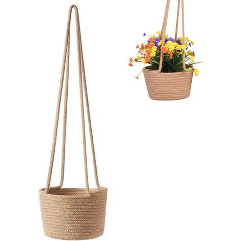 Hängender Pflanzkorb, 20 cm großer, geflochtener Hängekorb aus Juteseil, Hängeblumentopf für drinnen und draußen, für Pflanzen und Blumentöpfe, Balkon