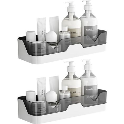 Set of 2 shower shelves, no drilling required, wall-mounted shower storage basket (grey). (1/5)