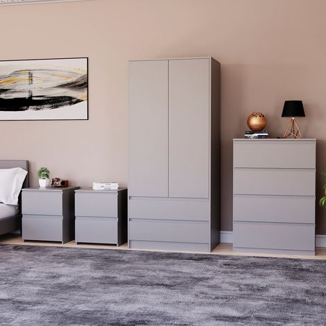 4 Piece Denver Bedroom Set, 2 Drawer Large Bedside Chest x2, 4 Drawer Chest, 2 Door 2 Drawer Wardrobe, Grey (1/3)