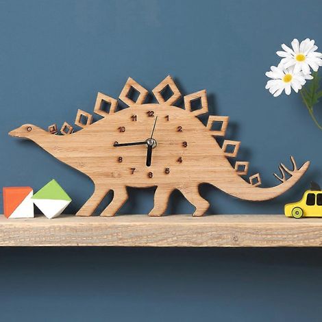 Horloge murale silencieuse en bois de bambou avec un adorable dinosaure 3D de dessin animé, décoration pour la maison ou la chambre d'enfant (1/4)