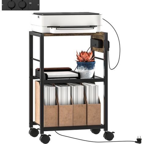CHICFURN Soporte para impresora 42x28x64,5 cm MDF marrón rústico con enchufes y ruedas (1/5)