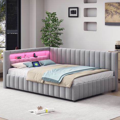 Lit 140x200 cm velours gris led usb dossier convertible canapé (1/5)