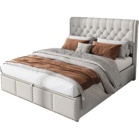 Lit coffre 160x200 cm en tissu gris avec tête de lit rembourrée, sommier inclus et rangement hydraulique, sans matelas, pour chambre adulte - FLORAGRACE (1/5)