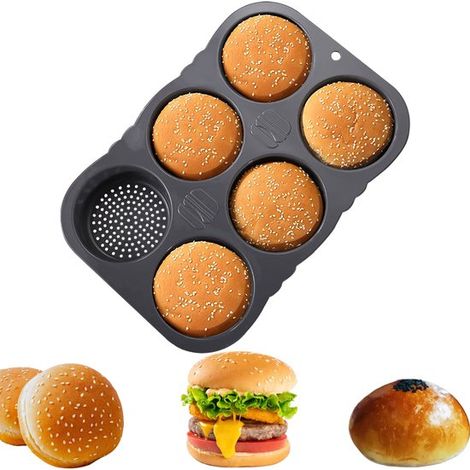 Silikon Hamburgerform mit 6 Mulden, antihaftbeschichtet und hitzebeständig, für selbstgebackenes Brot und andere Backwaren, benutzerfreundliche H (1/4)