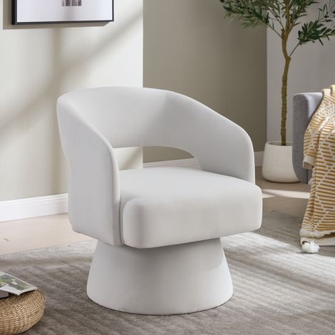 Sillón giratorio beige en chenilla con base estable y respaldo ergonómico (1/5)