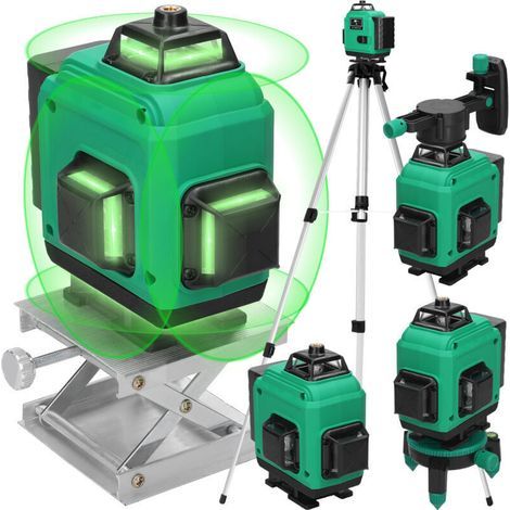 Niveau Laser 4 x 360° 4D 16 Lignes Auto-Nivelant, 2400mAh x 2 Piles, Vert Étanche et Anti-Poussière, Avec Télécommande et Trépied Réglable en Hauteur (1/4)