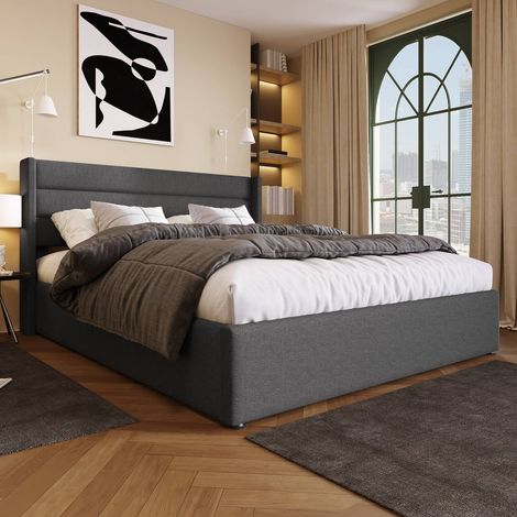Lit double 180x200 cm gris lin avec coffre hydraulique, sommier, structure métal bois, sans matelas (1/5)