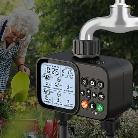 Ordinateur d'irrigation de sortie 2 Horloge d'arrosage de jardin avec système d'irrigation d'entrée en laiton Écran de contrôle d'arrosage Delay de pluie Horloge automatique pour jardin (1/5)