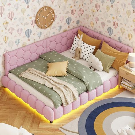 Lit 140x200cm - Canapé Lit 140 - avec Éclairage LED et Ports USB - Confort et Modernité - en Polaire d'Agneau - Rose (1/5)