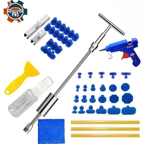(Ensemble de 3 à 37 pièces) Kit d'outils de réparation de bosses de voiture PWS : extracteur, marteau à inertie, marteau inversé, ventouses adhésives bleues. (1/5)
