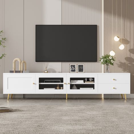 Meuble TV 170x40x28 cm en panneaux de bois blanc, avec rangement pour salon FloraGrace (1/5)