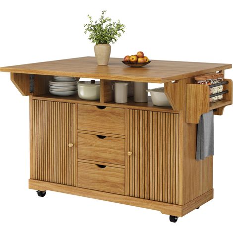 Carro de Cocina con 3 Cajones, Estantes Ajustables y Alas Abatibles con Ruedas con Freno, MDF, Marrón Oscuro (1/5)