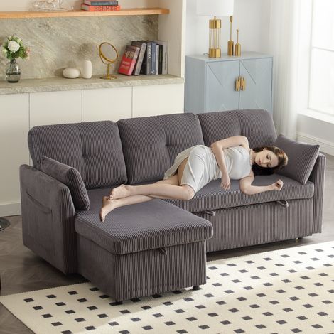 Sofá 3 plazas cama modular con arcón chaise longue reversible tapizado pana gris oscuro (1/5)