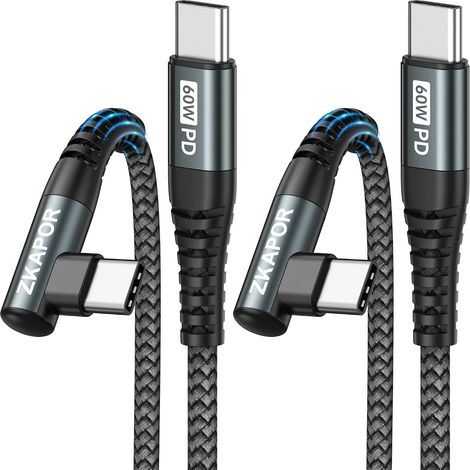 60W Câble USB C vers USB C 90 Degrés 3M/Lot de 2 Cable Type C Coudé