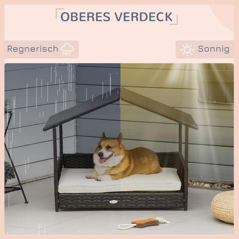 Coussin pour chien inclus, niche extérieure en rotin 98x69x73 cm, maisonnette pour animal avec cadre en acier et PP, couleur brun café, abri de jardin pour chien (1/5)