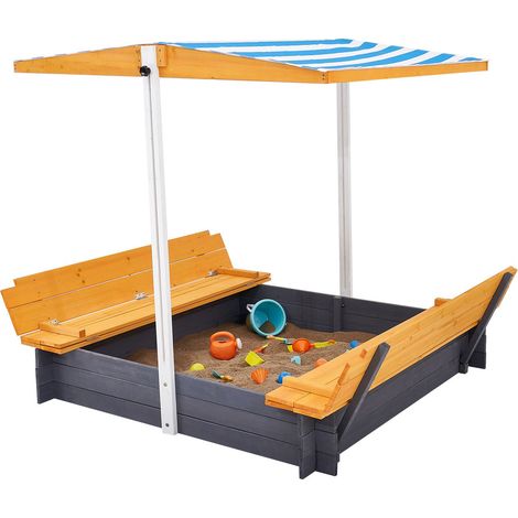Bac à sable en bois avec auvent 145 x 120 x 120 cm, banquettes pliantes et fond, enfants 3 à 12 ans (1/5)