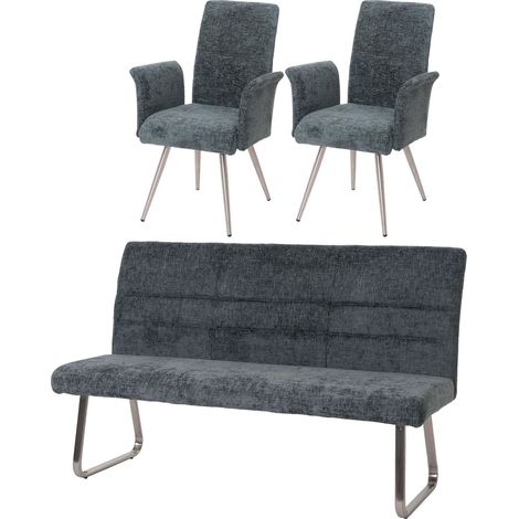 Set de salle à manger HWC-G55, set de 2 chaises avec accoudoirs+banc 180cm, inox brossé tissu/textile chenille bleu-ve (1/5)