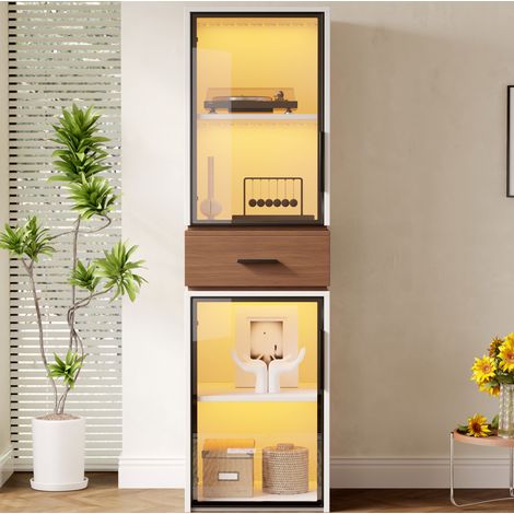 Vitrine blanche avec 2 portes, 1 tiroir, éclairage LED multicolore, en MDF et verre trempé, 40x40x200 cm (1/5)